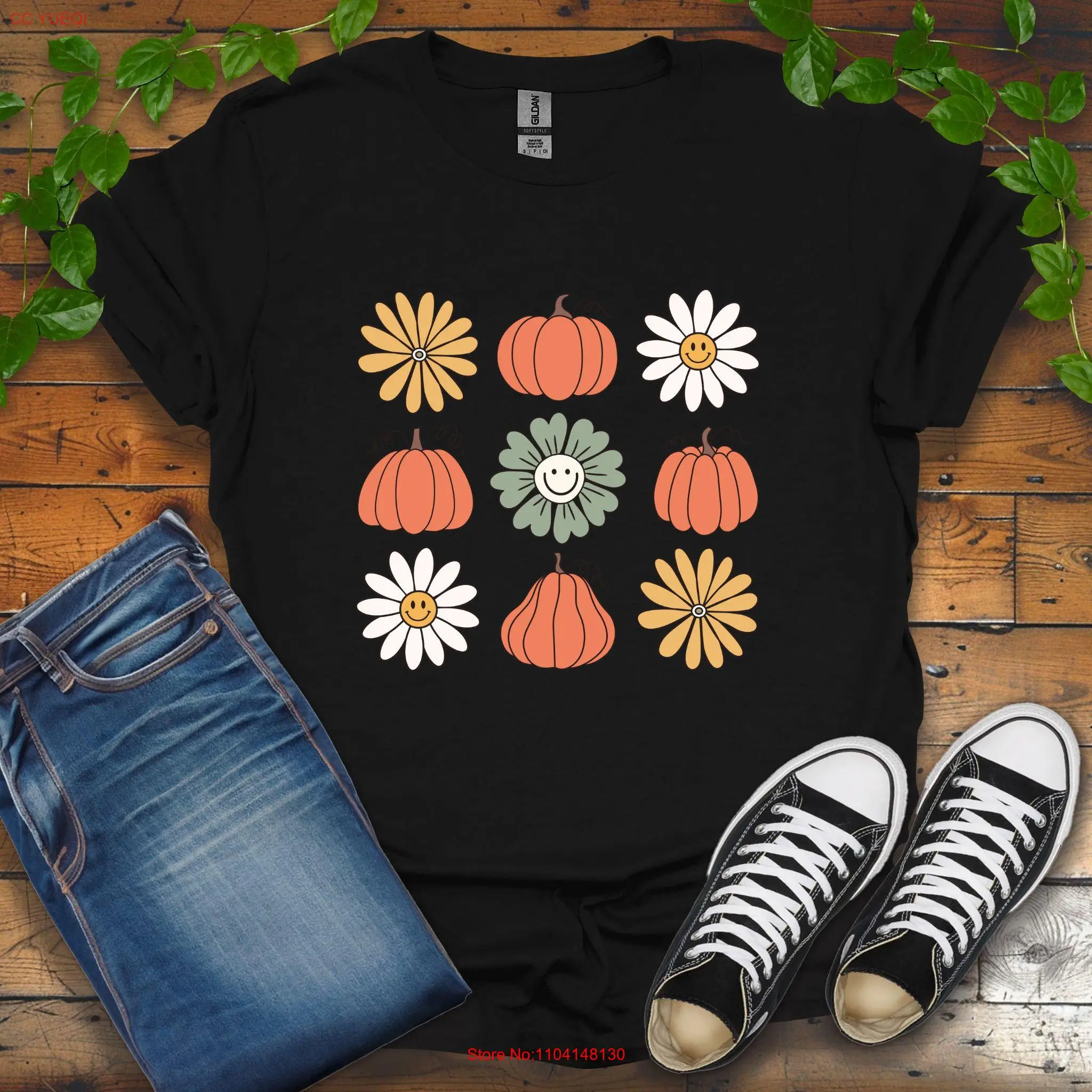 

Винтажная футболка с цветами тыквы, классическая осенняя футболка с тыквой и цветочным принтом, осенняя футболка с длинными или короткими рукавами