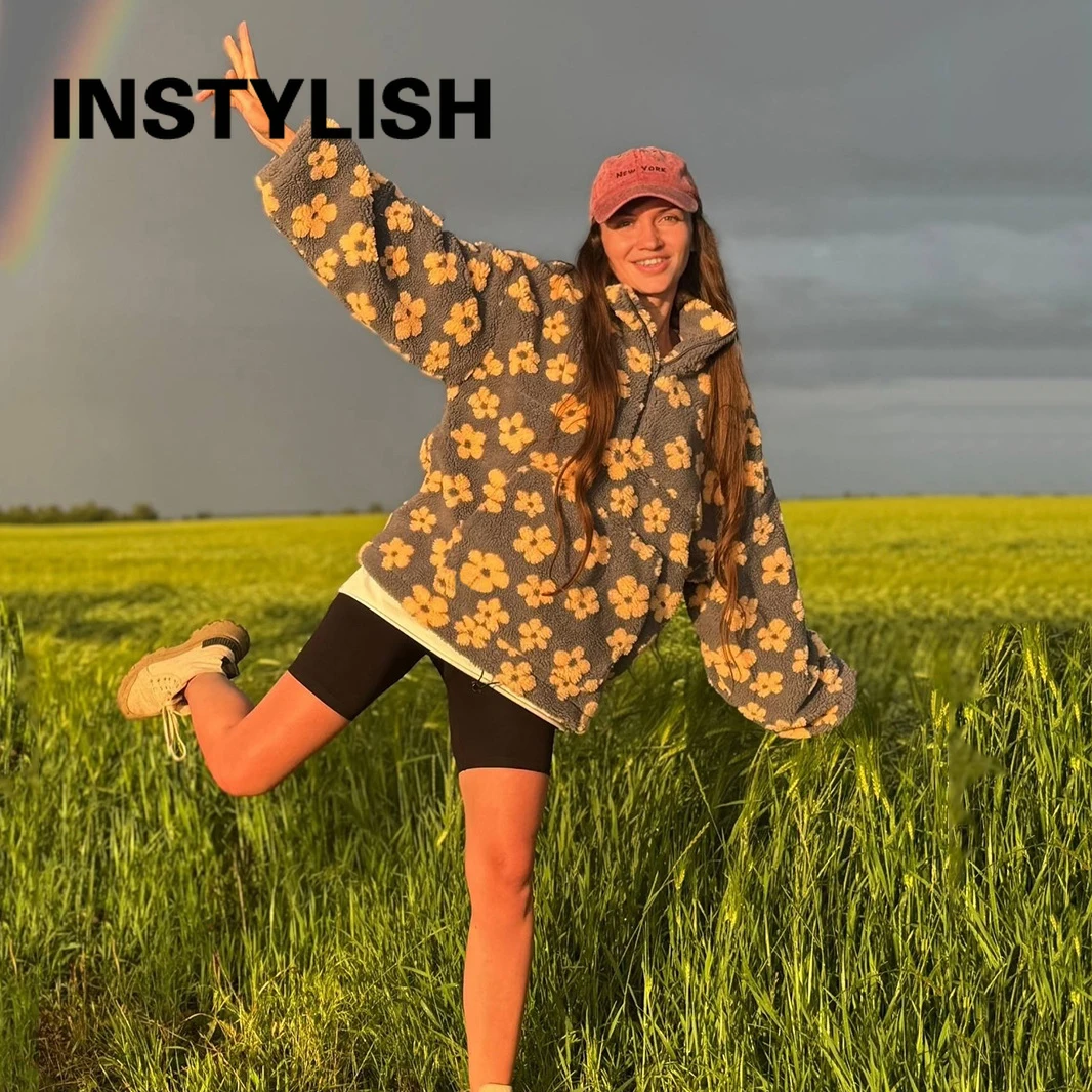 

New Loose Warm Fashionable And Sporty Sweatshirt For Women In Autumn And Winter Floral Pullover Sweatshirt With Half Zipper