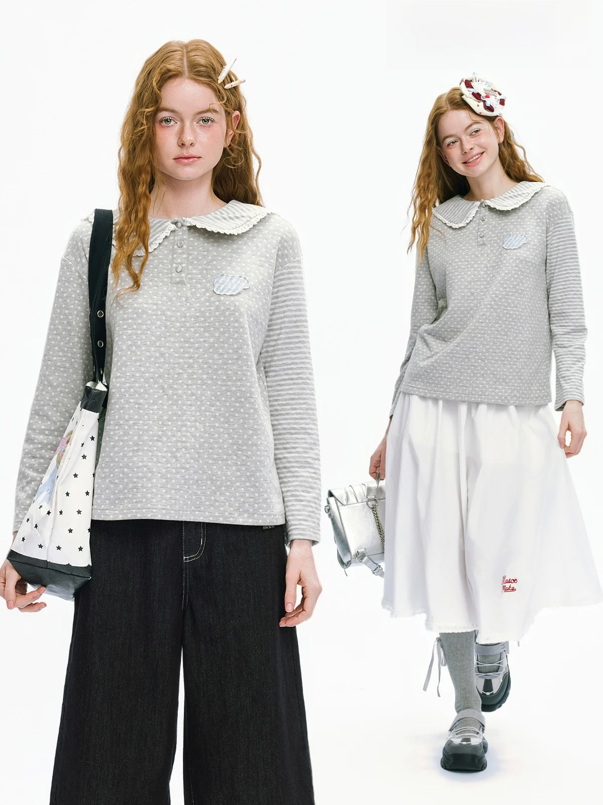 

Loose Long Sve T-irt Naval Collar Patchwork Spring New Sle Versatile Base irt Student Top Casual Sle Polka Dot Pat...