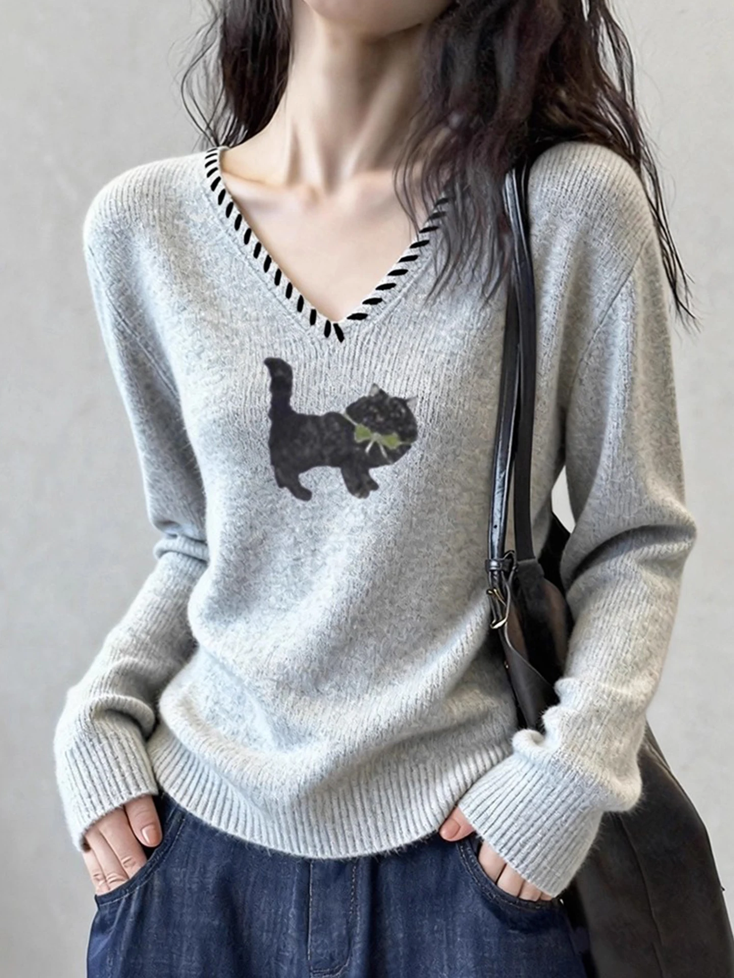 

Korean Sle Knitted Print High End Long Sve Crew Ne Base Layer irt Luxury Simple Autumn Winter V Ne Camere Sw...