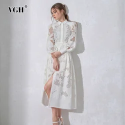 VGH Solid Hollow Out Patchwork Belt Embroidery Dresses For Women Lapel Long Sleeve High Waist Elegant Dress Female Fashion New