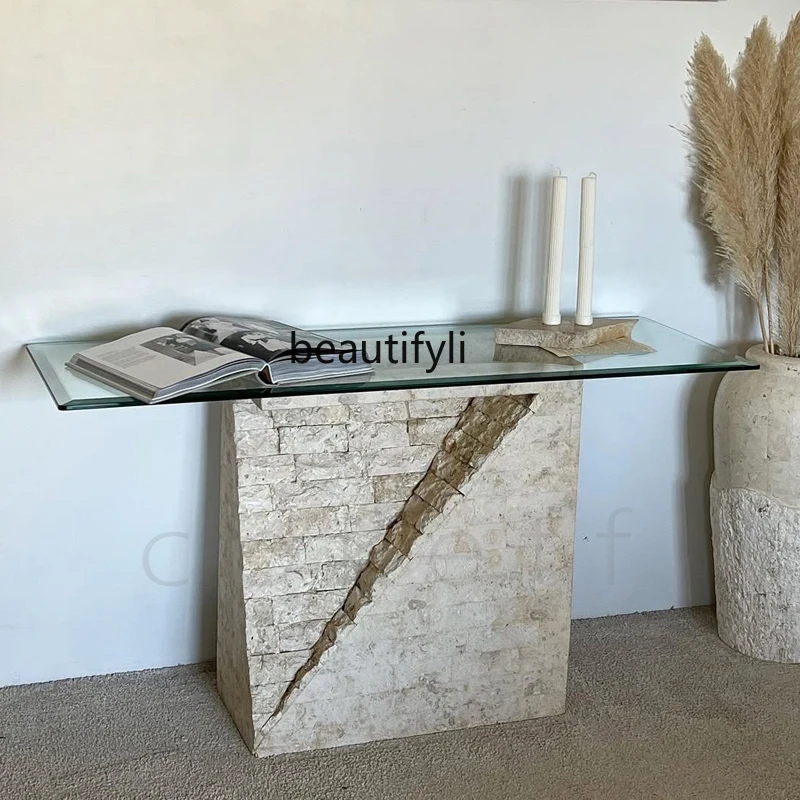 

Minimalist natural Roman travertine living room entrance table designer French entrance table