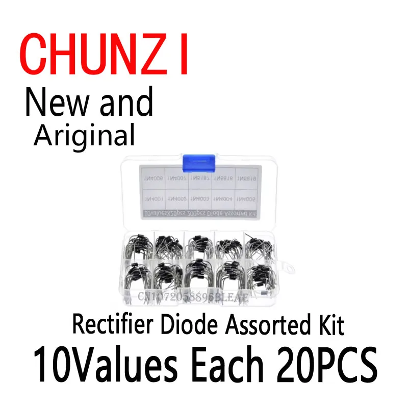 200pcs 10Values Rectifier Diode Assorted Kit With Box 1N4001 1N4002 1N4003 1N4004 1N4005 1N4006 1N4007 1N5817 1N5818 1N5819