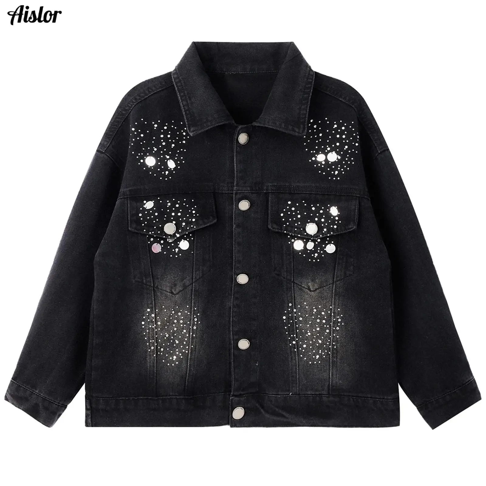 

Kids Girls Denim Jacket Rhinestones Jean Jacket Teens Button Down Long Sleeve Jean Coat Fashion Casual Outerwears
