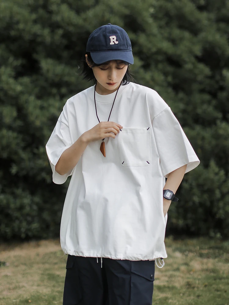 Mandala Street Style Loose Fit Short Sleeve T-Shirt with Pockets Double Gauze Fabric Embroidery Drawstring Design Cotton 100%