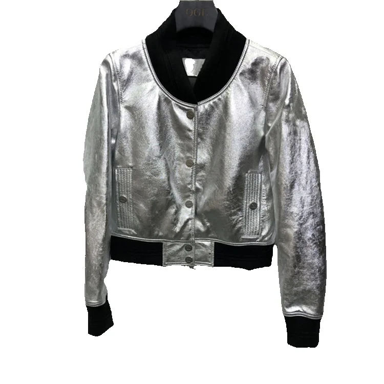 Zhou Xun, Alu, Xin Ni'er, Same Style Fragrant Silver Crack Genuine Leather Jacket, Women's Short Motorcycle Baseball Jacket