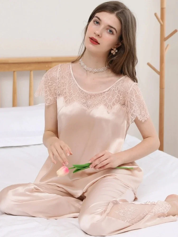 19 Momme 100% Mulberry Silk Short Sleeve Shirt & Trousers Pajamas Set Ladies Sexy Sheer Lace Sleepwear Loose Pajama Loungewear