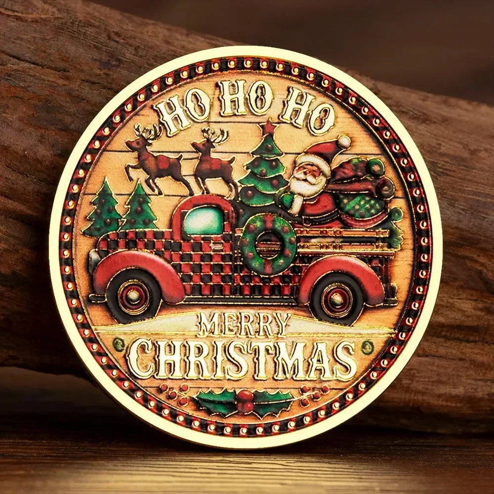 Merry Christmas Red Car Santa Claus Tree Xmas and Elk Golden Plated Souvenir Coin Excellent Present For Kids