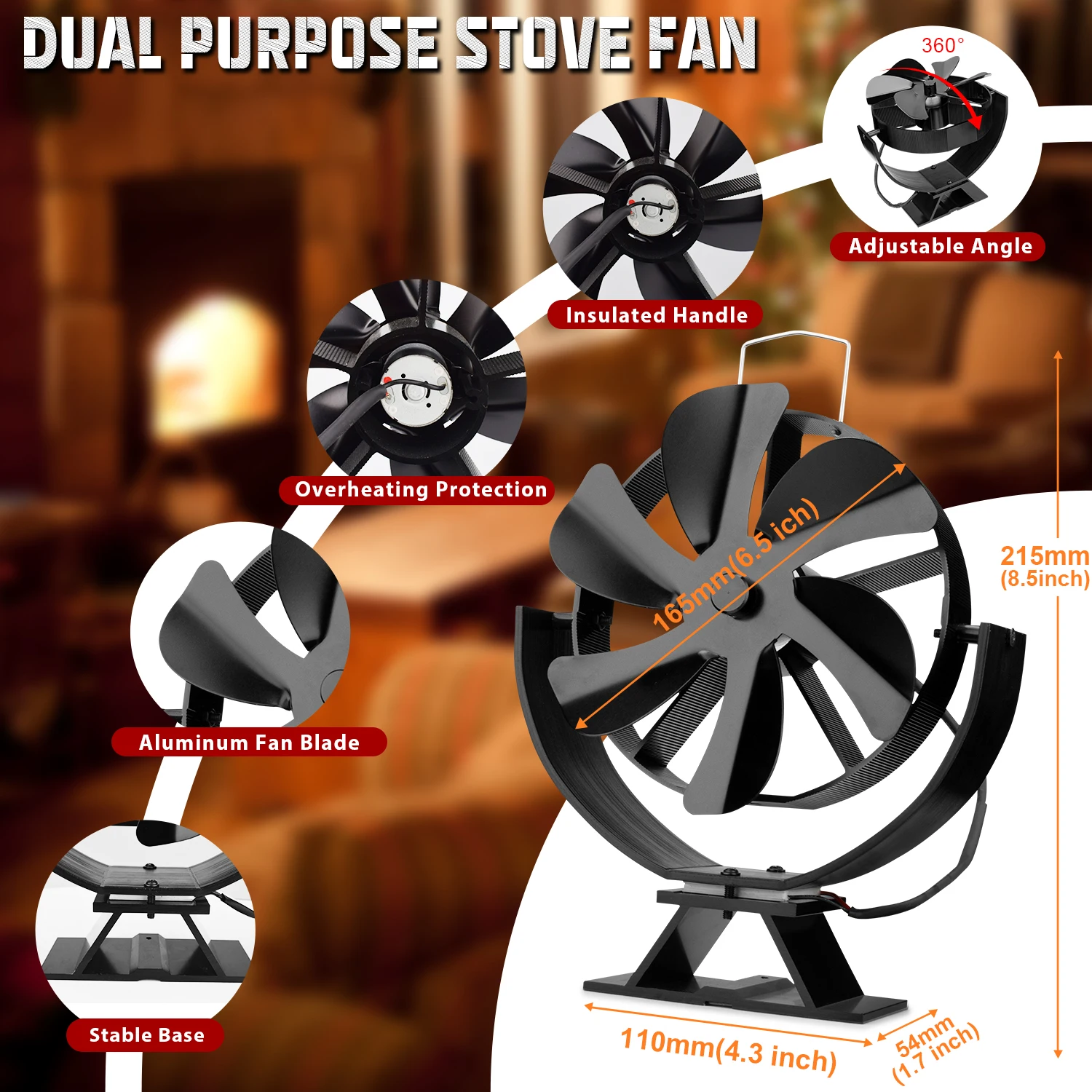 6 Blades Mini Stove Fan Heat Powered Fireplace Fan Log Wood Burner Eco-fan Quiet Fireplace Fan Home Efficient Heat Distribution