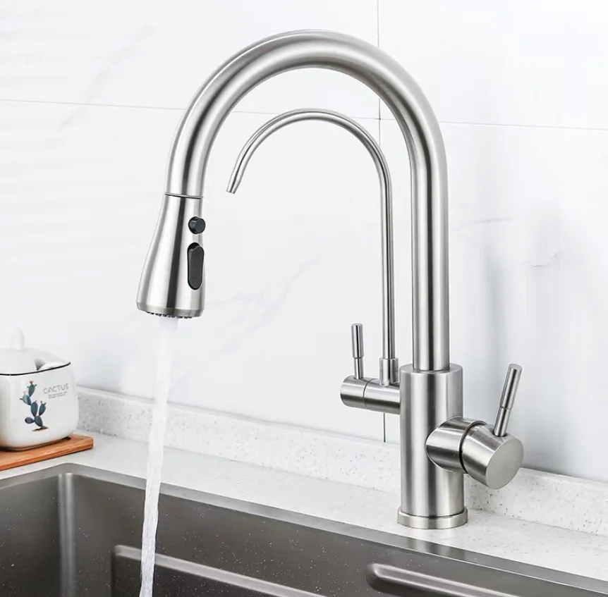 

304 stainless steel three-in-one water purifying faucet pull-out kitchen sink, splash-proof feature, direct drinking faucet