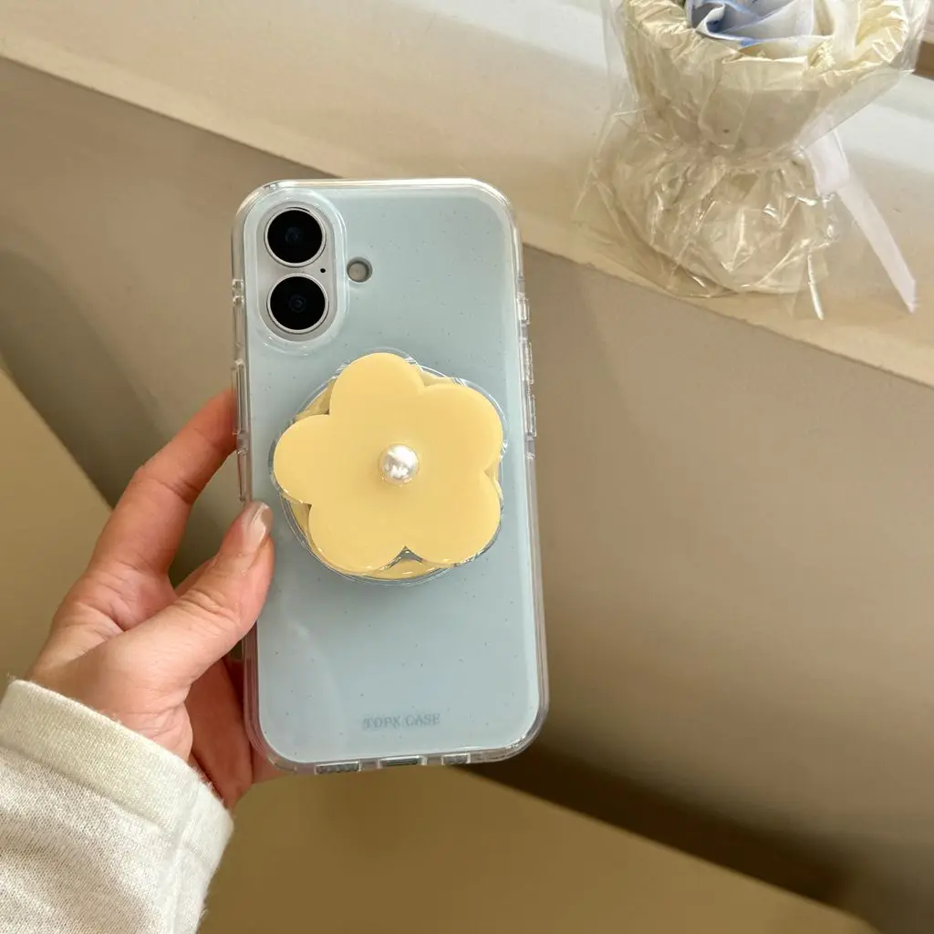 

Simple Blue Splashed Ink Yellow Flower With Holder Magnetic Wireless Charging Phone Cover Case for iPhone 17 16 15 14 13 Pro Max