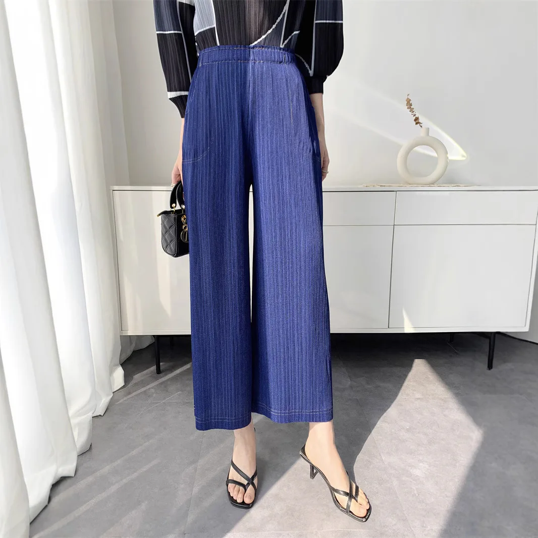 

Miyake Style Pleated Straight Women Pants 2025 Summer Versatile Imitation Denim Color Slim Loose High-end Casual Pants for Women