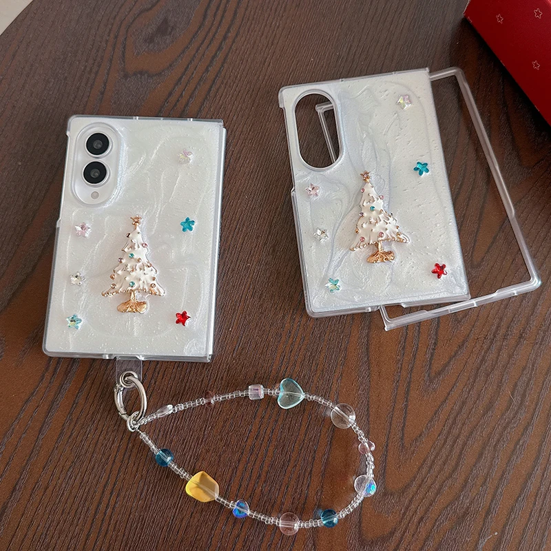 Lovely Star Christmas Tree Phone Case For iPhone Case For Samsung Galaxy Z Fold 8 Z Fold8 Cover with Chain Korean Cute Cases