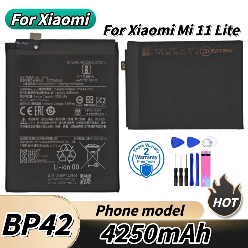 

2026 Years Battery For Xiaomi Mi 11 Lite BP42 4250mAh Replacement Phone Battery Batteries Bateria Fast Shipping+Free Tools