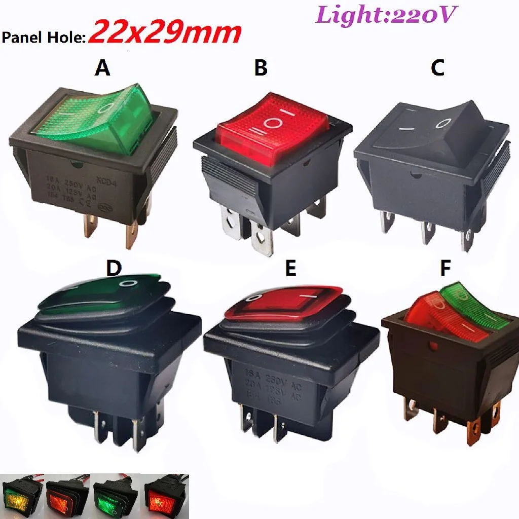 Perforation Size 29 x 22mm 4Pin 6Pin Boat Power Switch With 220V Light Rocker Switch Latching Momentary IP65 ON OFF ON ON