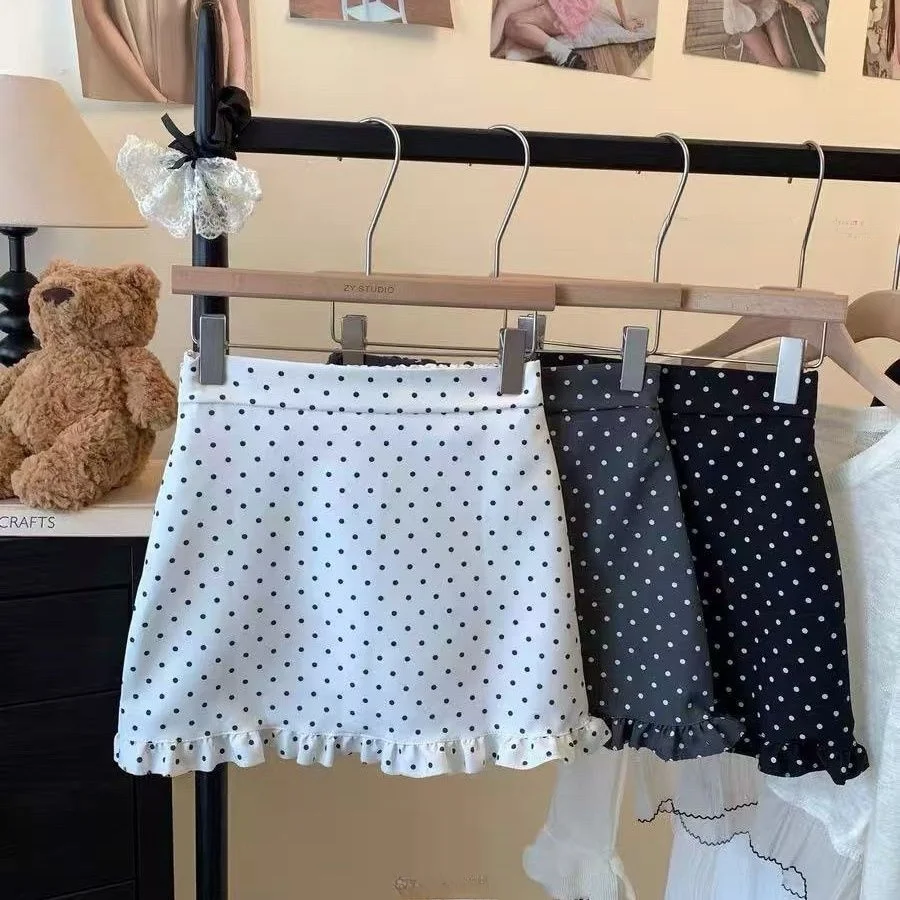 

Korean Sle Sweet Polka Dot High Waist A-Line Skirt Women's Summer Slim Fit ort Skirt with Wood ain
