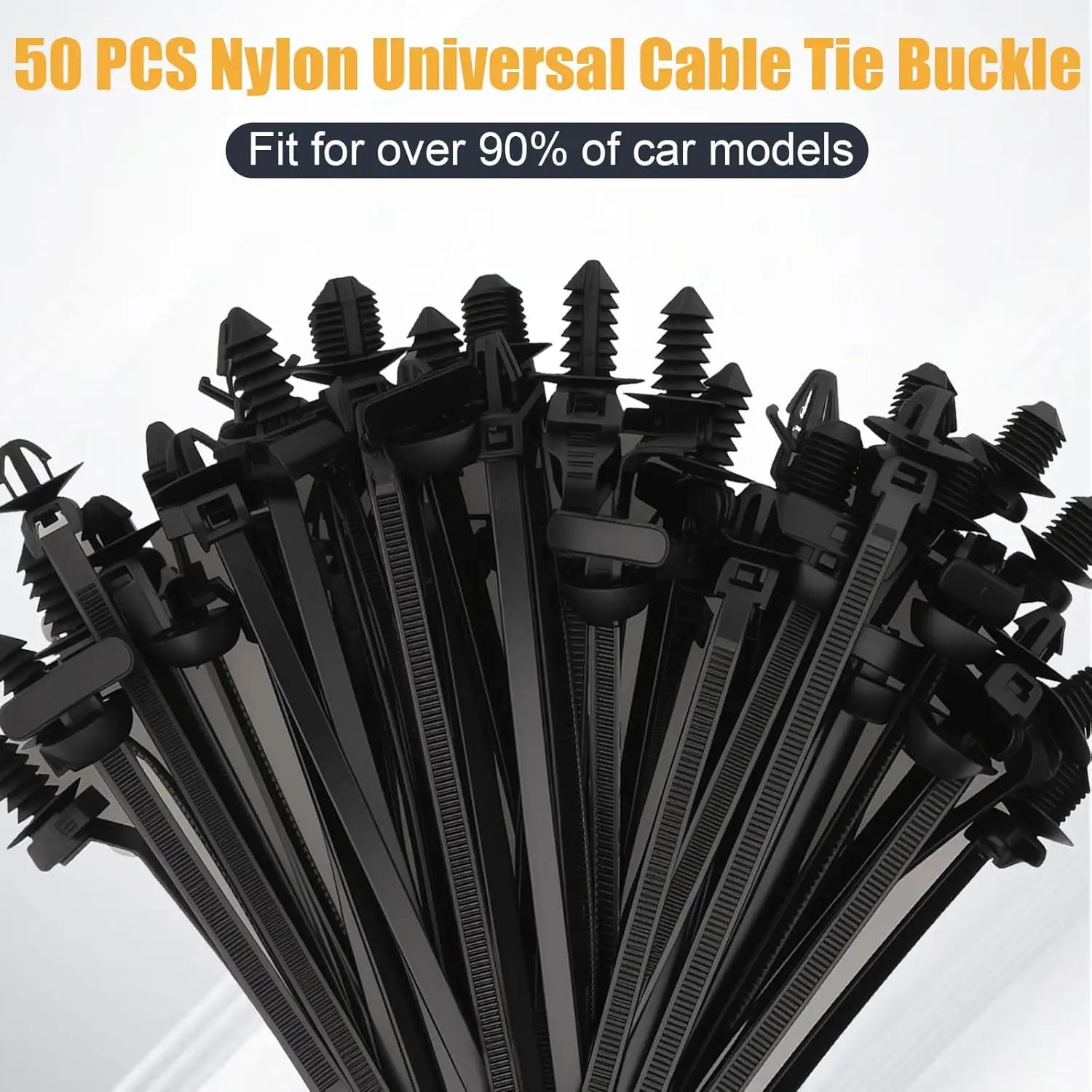 50PCS Universal Nylon Push Mount Cable Zip Tie, Heavy Duty Self Locking Zip Ties Holder, 5 Sizes Black Cable Tie Buckle