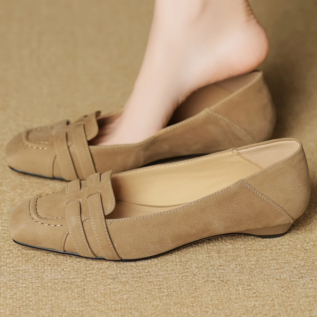 

Women's cow leather narrow band braided square toe slip-on flats elegant ladies 2.5cm kitten heel daily slim heels dress shoes