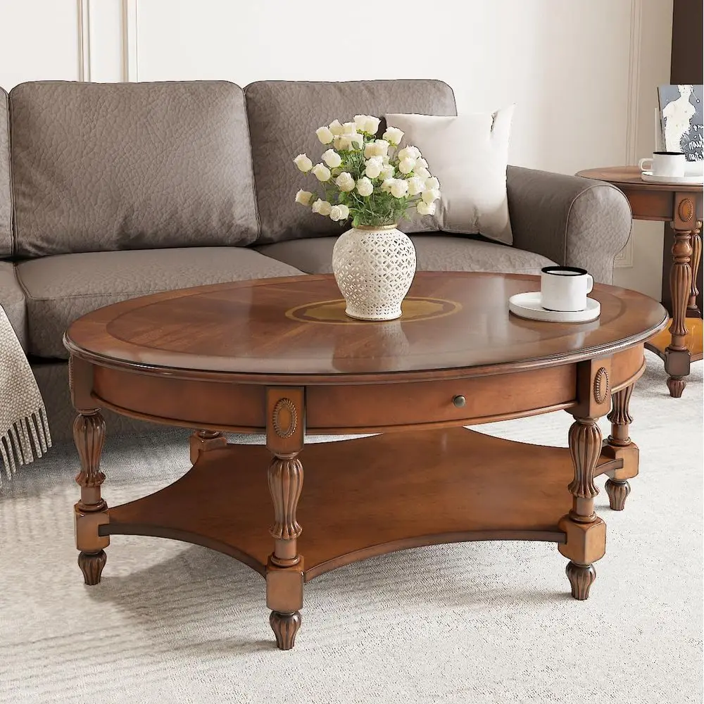

Elegant Vintage 45L x 27.6W Solid Wood Oval Coffee Table with Drawer and Storage Shelf