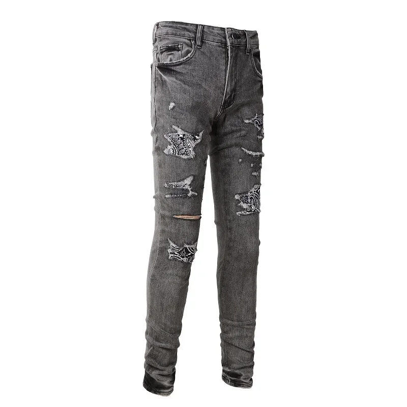 

Men's Gray Distressed High Streetwear Stretch Holes Paisley Bandanna Slim Fit Ripped EU Drip Jeans Comes