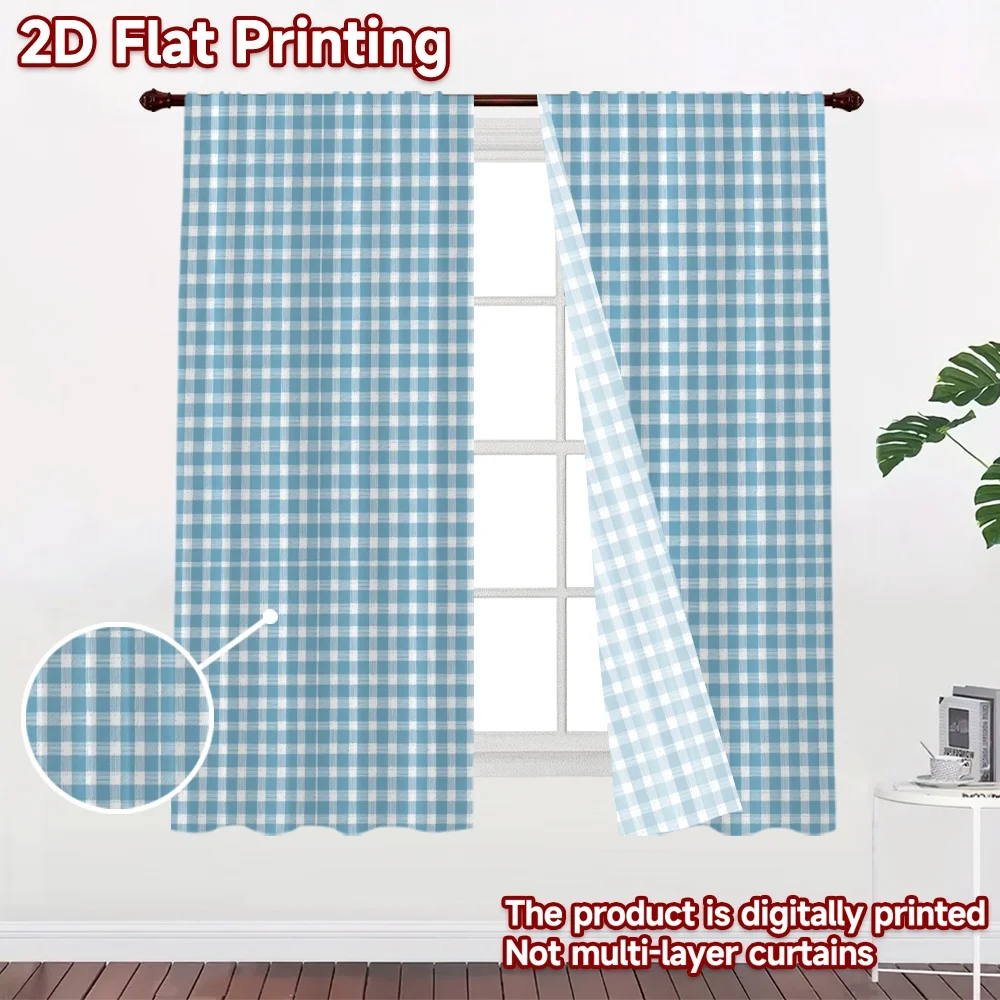 2D flat 2pcs Curtain Modern Minimalist Style Blue White Gingham Checks Digitally printed polyester, colorfast Family Party