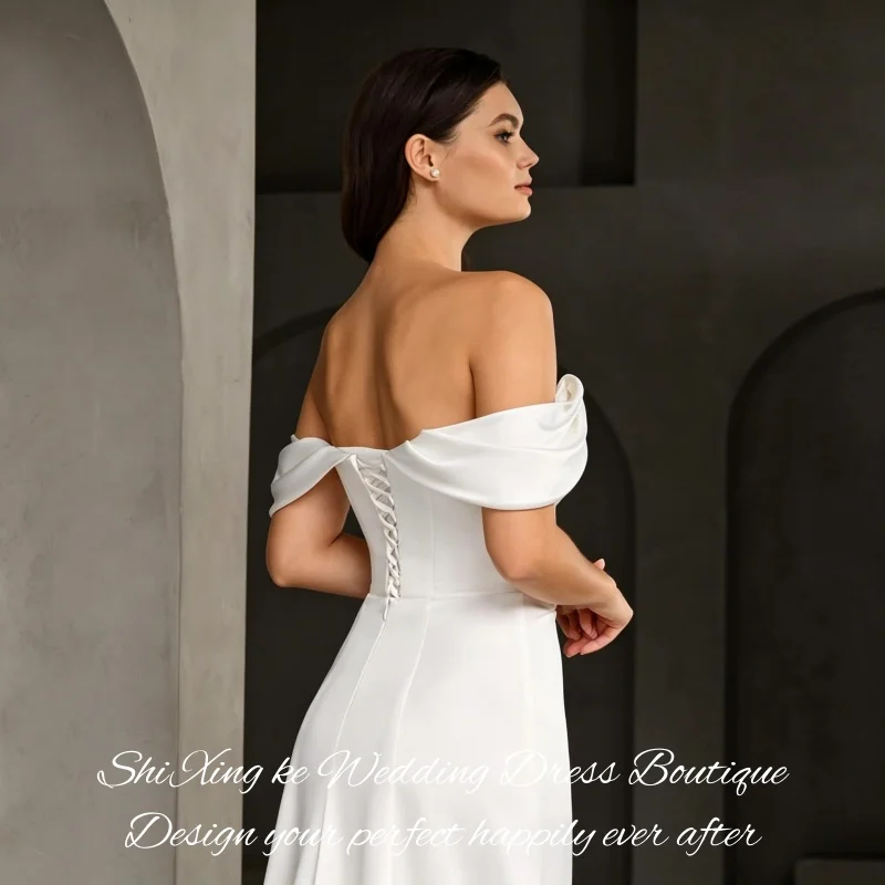 Elegant Satin Mermaid Wedding Dress 2026 Off Shoulder High Side Slit Ruched Corset Back Bridal Gown Customized