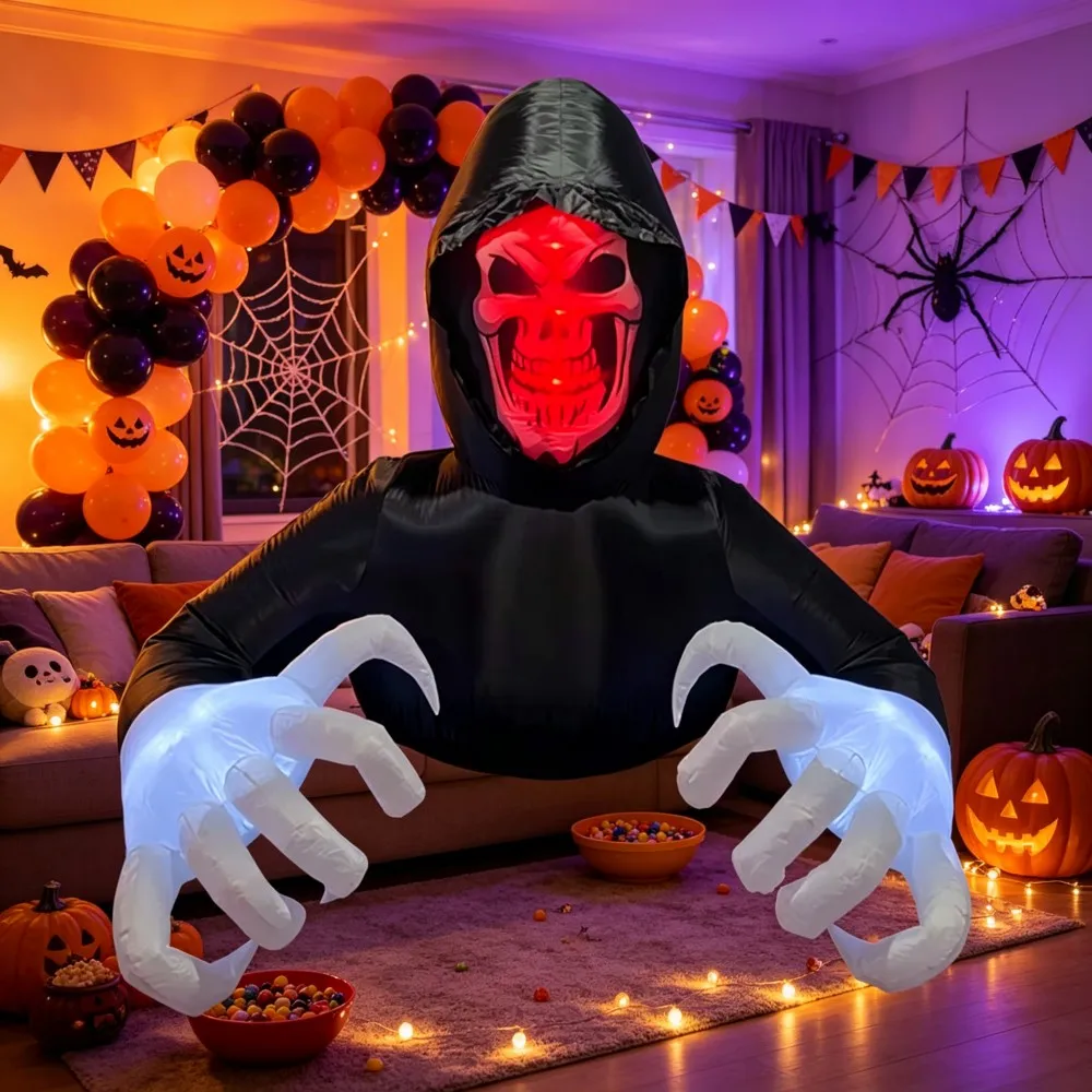 6FT Halloween Inflatable Death God Half Body Skeleton Ghost Red And White LED Light Used Courtyard Lawn Garden Party Decoration
