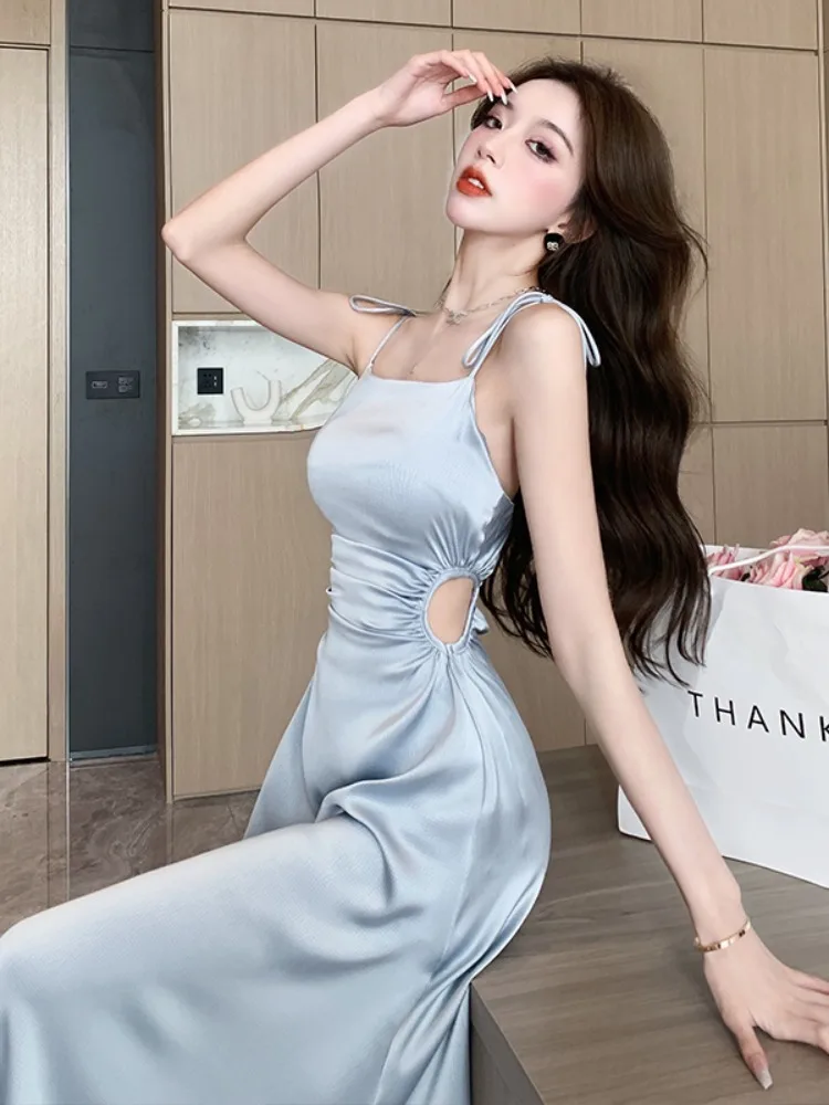 Elegant Women Satin Dress Chic Side Hollow Out Slim A-Line Formal Dresses Spaghetti Strap Square Collar Summer Vestidos 2023