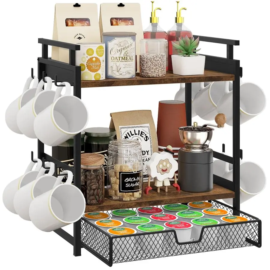 

Bar Organizer, 3 Tier Coffee Station Organizer for Countertop, Mug Cup Holder Stand with 12 Hooks, with K Cup Storage Drawer, T