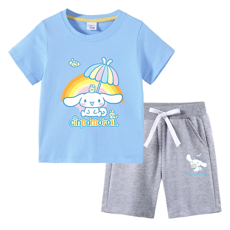 

Sanrio Cinnamon Dog Kawaii Kuromi Summer Children's Clothing Korean Style Cotton Children's Short-sleeved Pants Two-piece Suit