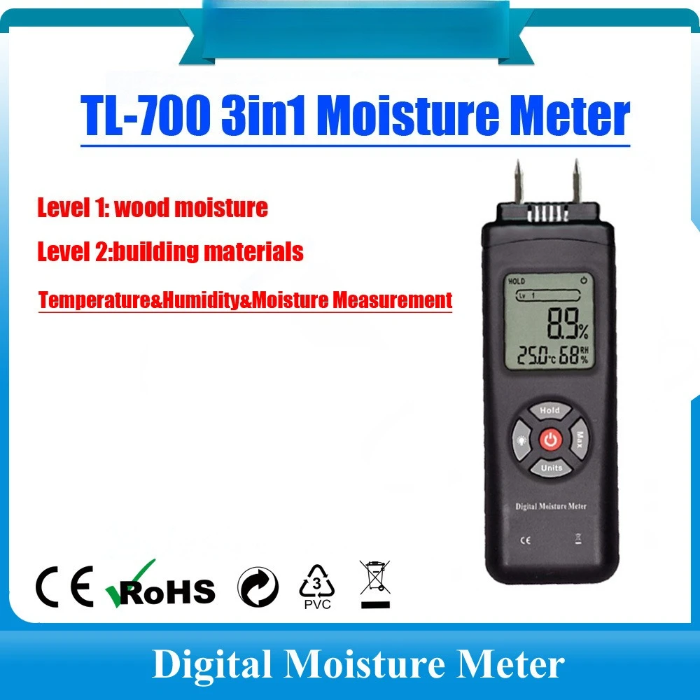 TL-700 3-in-1 Pin-type Wood Moisture Tester for Building Materials with Backlit Display Temperature and Humidity Measurement