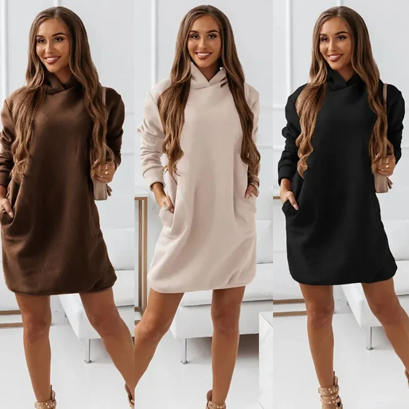 

Autumn/Winter 2024 Hooded Hipster Long Sleeve Solid Color Dress For Women