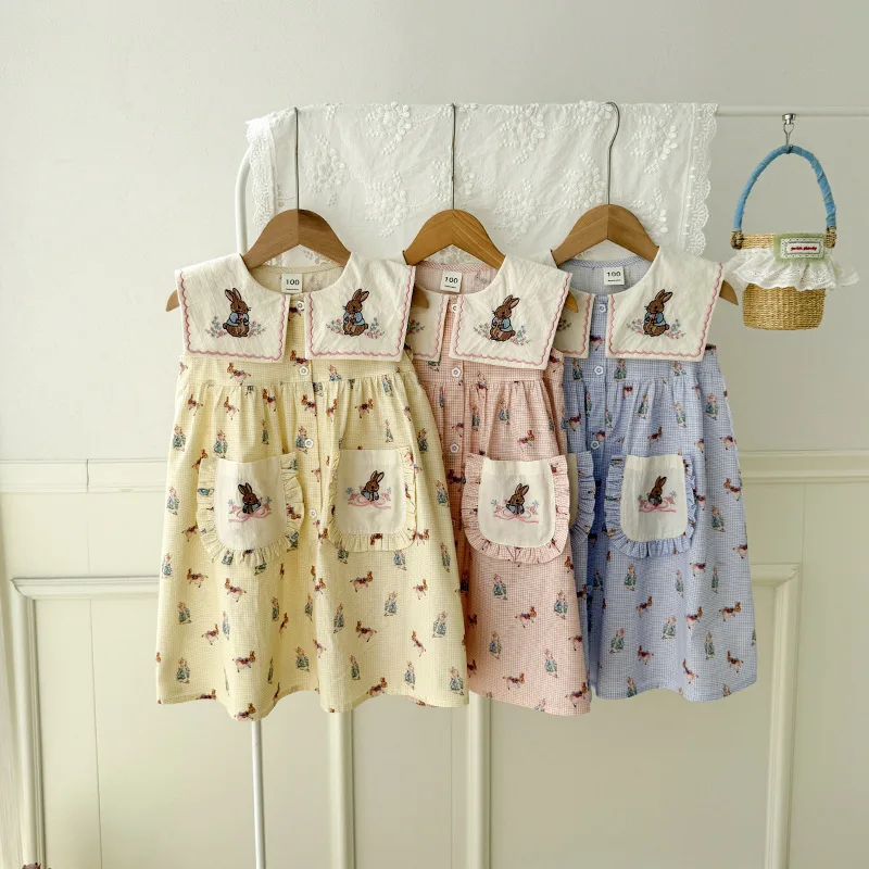 

Rabbit Embroidered Dress summer French-style Girls' Dress 2026 Edition bunny Printed Sleeveless Cotton clothes Children's Dress
