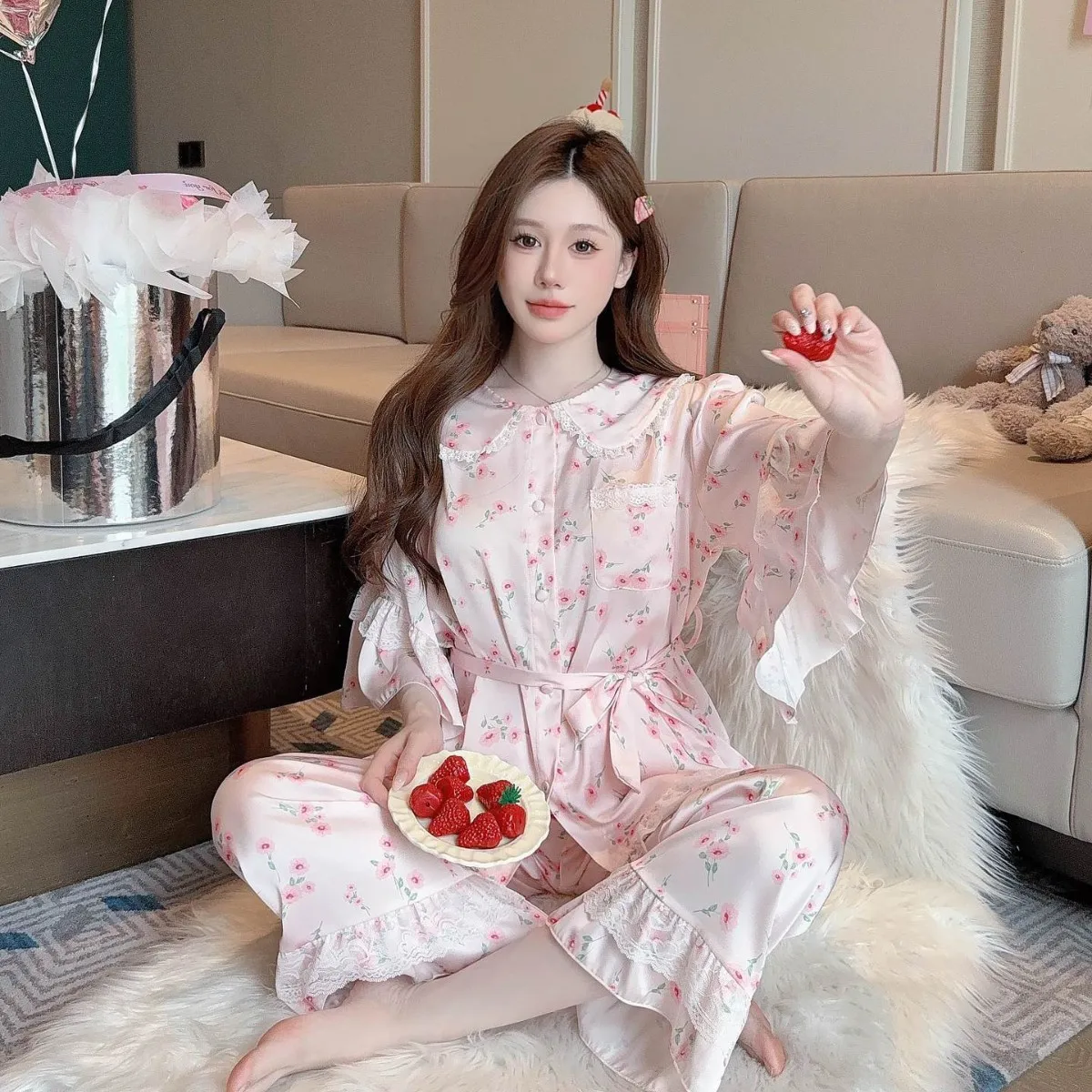 

Female Pajamas Set Loungewear Sweet Print Sleepwear Trouser Pijamas Suit Loose Silk Satin Homewear Loungewear Sexy Lingerie