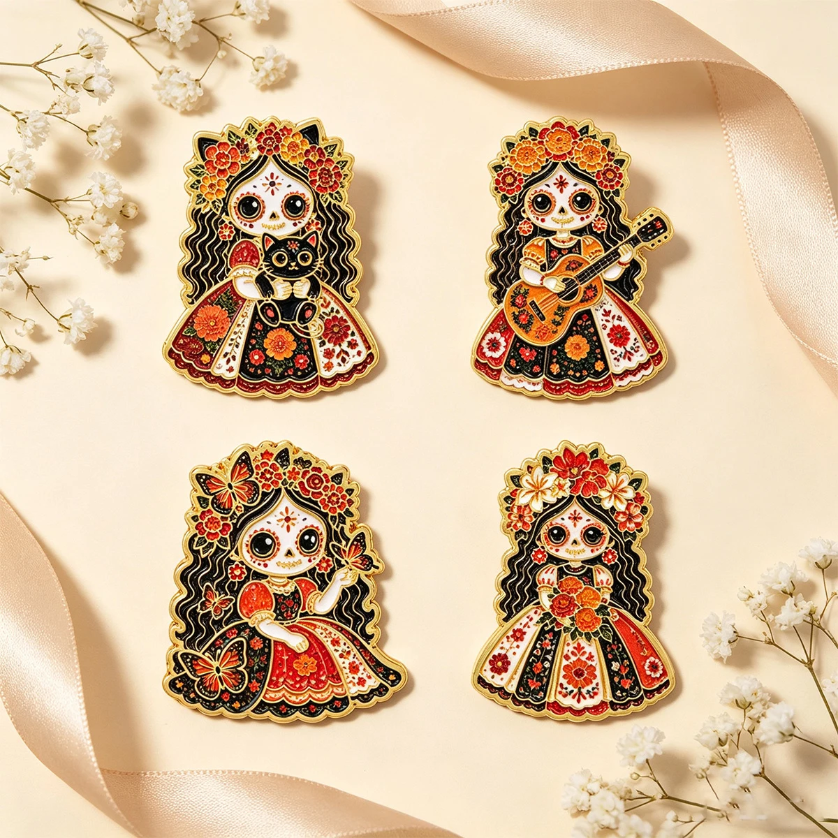 5 Stück/Set, Emaille-Anstecknadel mit Totenkopf-Motiv, Vintage-Braut-Brosche, mexikanische Anstecknadel, Abzeichen, Accessoires, modischer Schmuck, Geschenkidee. – Detail 6