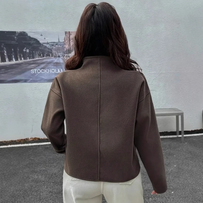 2025 Autumn and Winter Street Wind Ladies' Fashion Casual Jacket Simple Solid Color Woolen Jacket