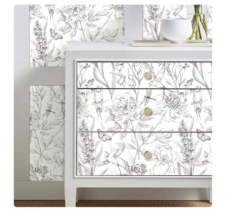 Flower Birds Self Adhesive Wallpaper Black White Floral Removable Peel and Stick Wallpaper for Living Room Bedroom Cabinet Wall