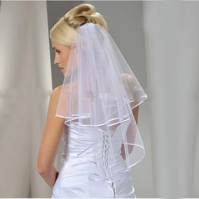 Petite Two Layers Ribbon Edge Short Wedding Veil With Comb White 2 Layers Bridal Veil Accessories