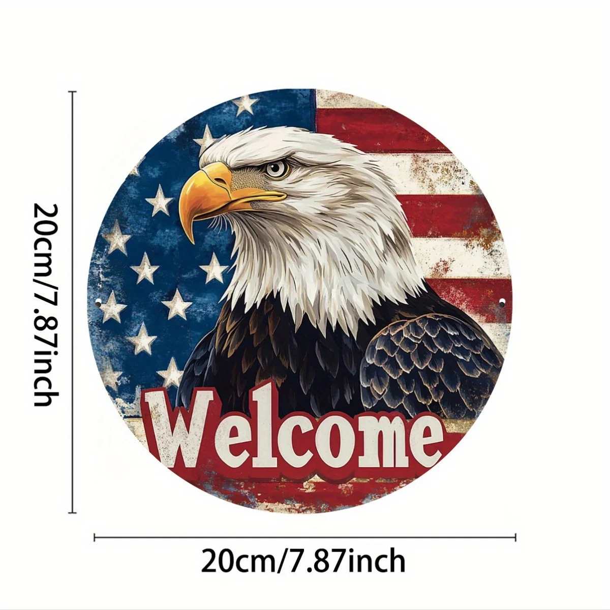 A Vintage Round Metal Sign Featuring The American Flag And a Bald Eagle Welcome Sign, Suitable for Indoor And Outdoor Decoration