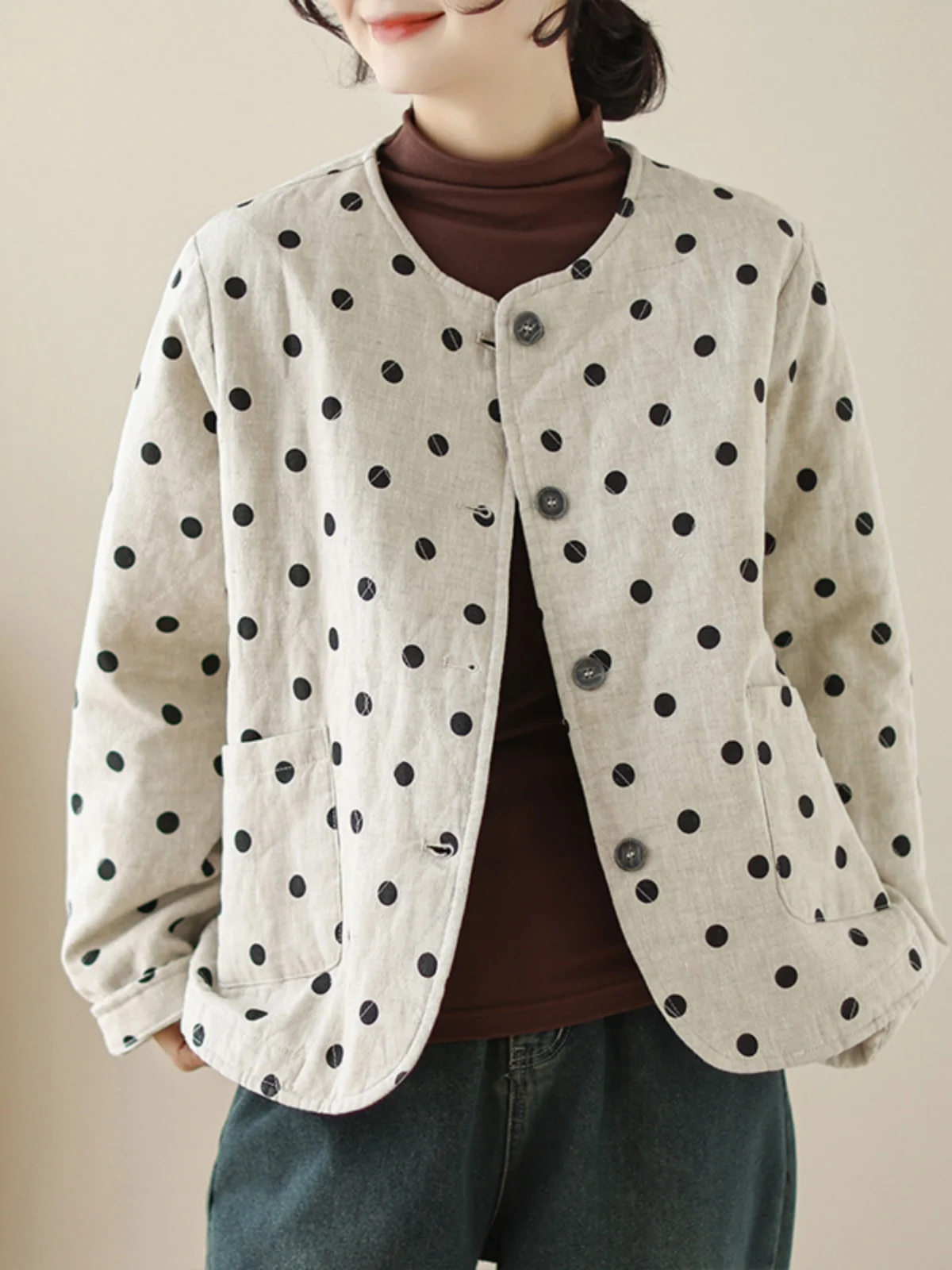 

Ретро-пальто женское свободного кроя с принтом в горошек, из тонкого хлопка, универсальное, повседневное, с круглым вырезом и короткими рукавами