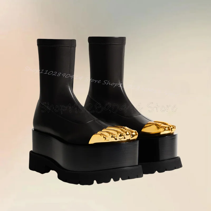 Botas de bezerro médio com zíper traseiro feminino, sapato de cinco dedos, plataforma alta, preto e dourado, passarela, moda top, 2024