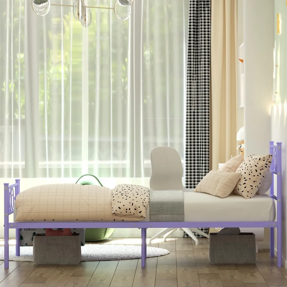 إطار سرير معدني بحجم مزدوج أرجواني من GIME للأطفال/الفتيات/المراهقين/الكبار، سرير بمنصة بتصميم قطة لطيفة مع حقيبة تخزين معلقة، مقاس M قوي #5