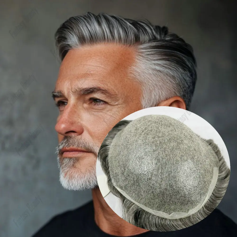 

440Grey Hair80Density0.02mm Super Thin Skin PU Men Toupee Human Hair Lightweight Undetecable Hairline Easy to Style for Bald Man