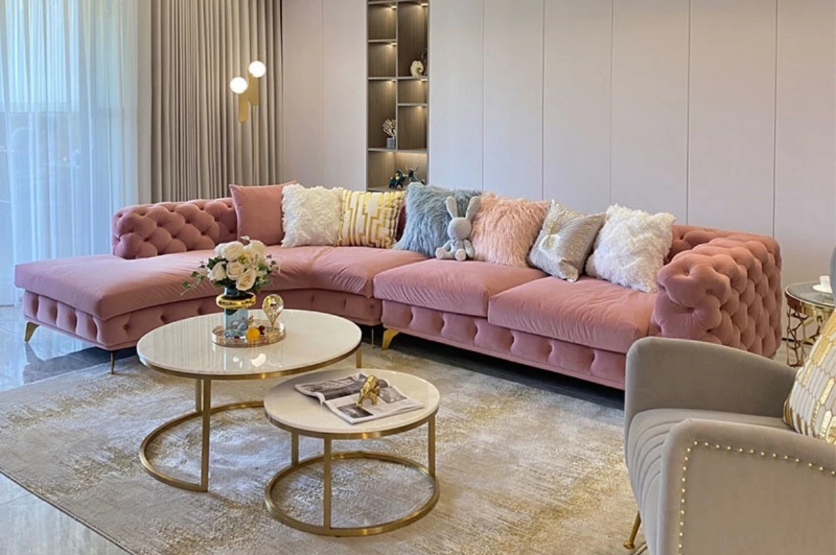 

American light luxury living room sofa curved pull buckle princess corner fabric combination European pink