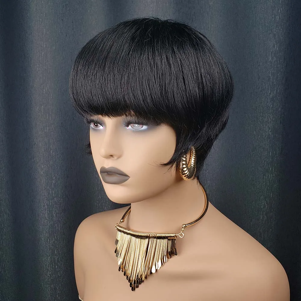 Peruki z ludzkich włosów pixie cut dla kobiet, krótkie, warstwowe, wykonane maszynowo, proste, brazylijskie włosy remy, naturalny czarny.