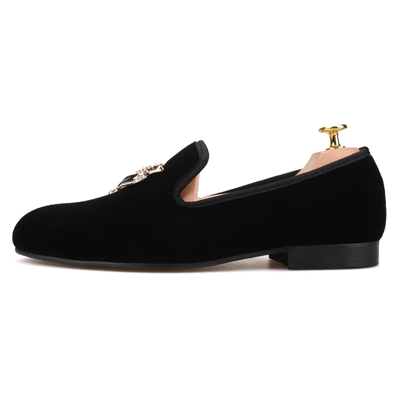 Piergitar Black And Burgundy Color Velvet Slip-On Loafers With Fox Head Crystals Buckle For Party Formal Wear Men's Casual Shoes