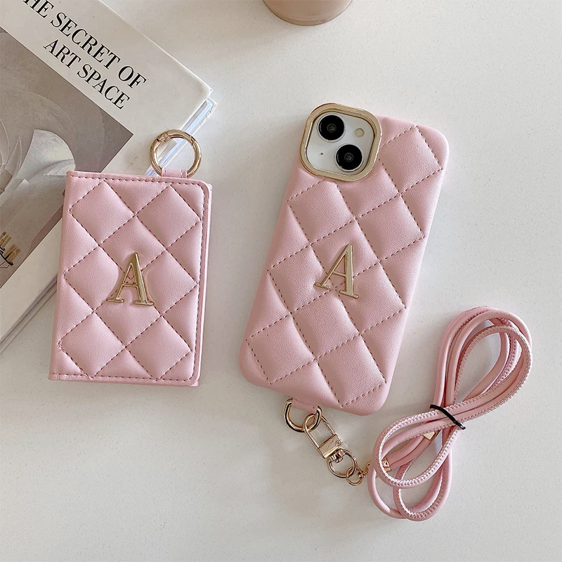 Personalized Name Letter Leather Phone Case for iPhone16 15 14 13 12 11ProMax CardHolder Lanyard Crossbody Shockproof Cover