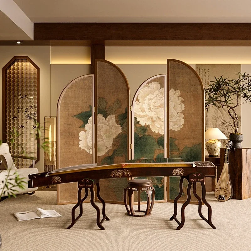 New Chinese retro peony living room folding mobile  partition tea room office photography sofa medieval background