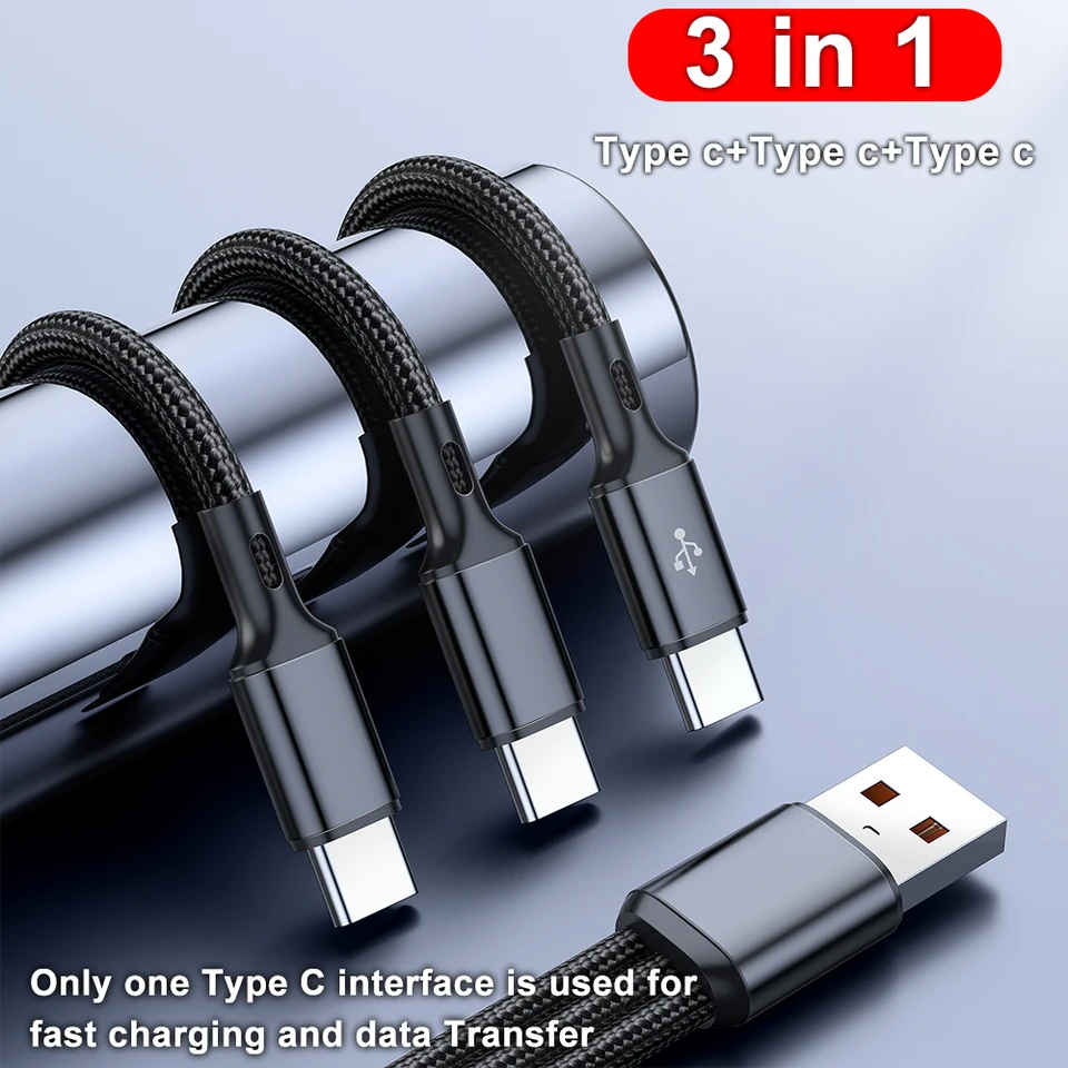Cable 3 en 1 USB tipo C 100W de carga rápida USB A a 3 tipo C para Samsung S24 Xiaomi Huawei Android transferencia de datos 4