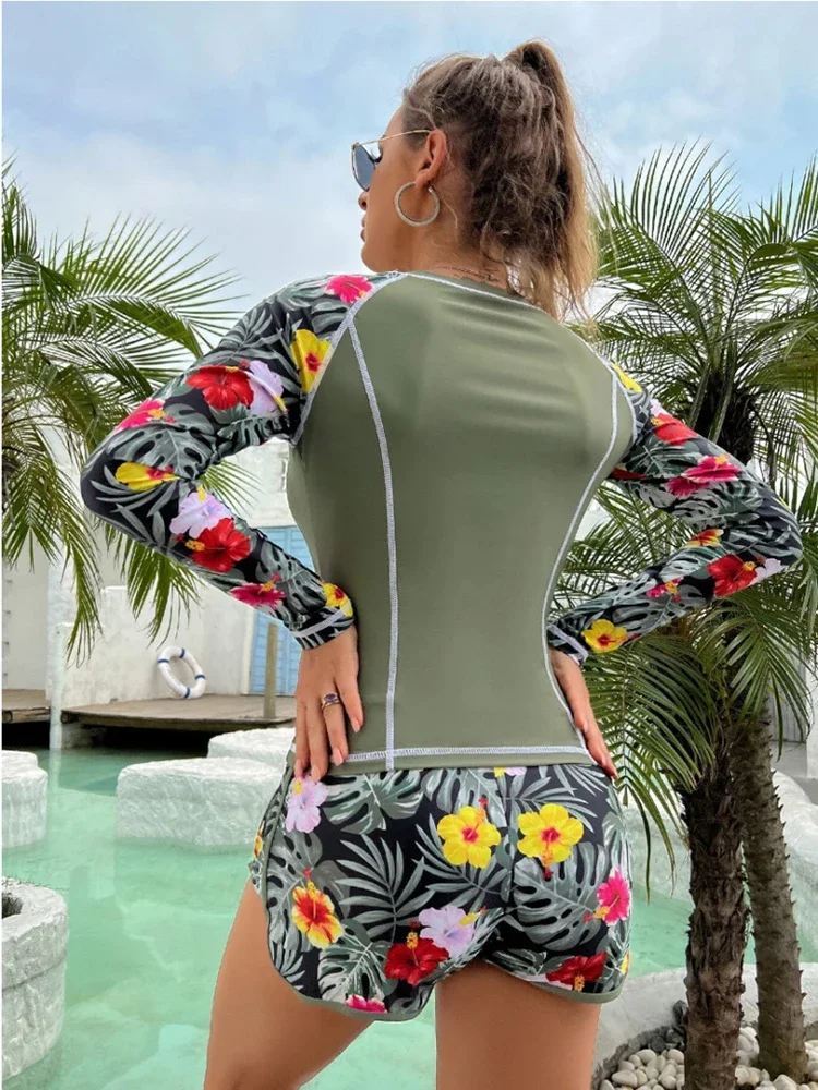 2024 neue Tankini Frauen Badeanzug tropischen Druck Bikini Set Langarm Bade bekleidung Sommer Shorts Beach wear weiblichen Badeanzug